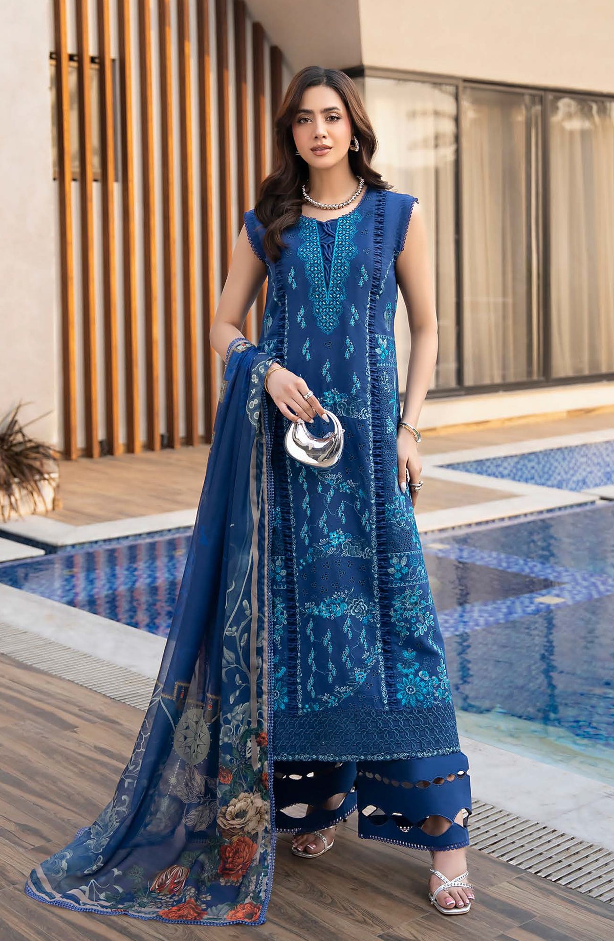 Aylin Luxury Embroidered Lawn Unstitched 3 Piece Suit - D-03 Midnight Iris - AYL26LX - Blue - Festive Collection