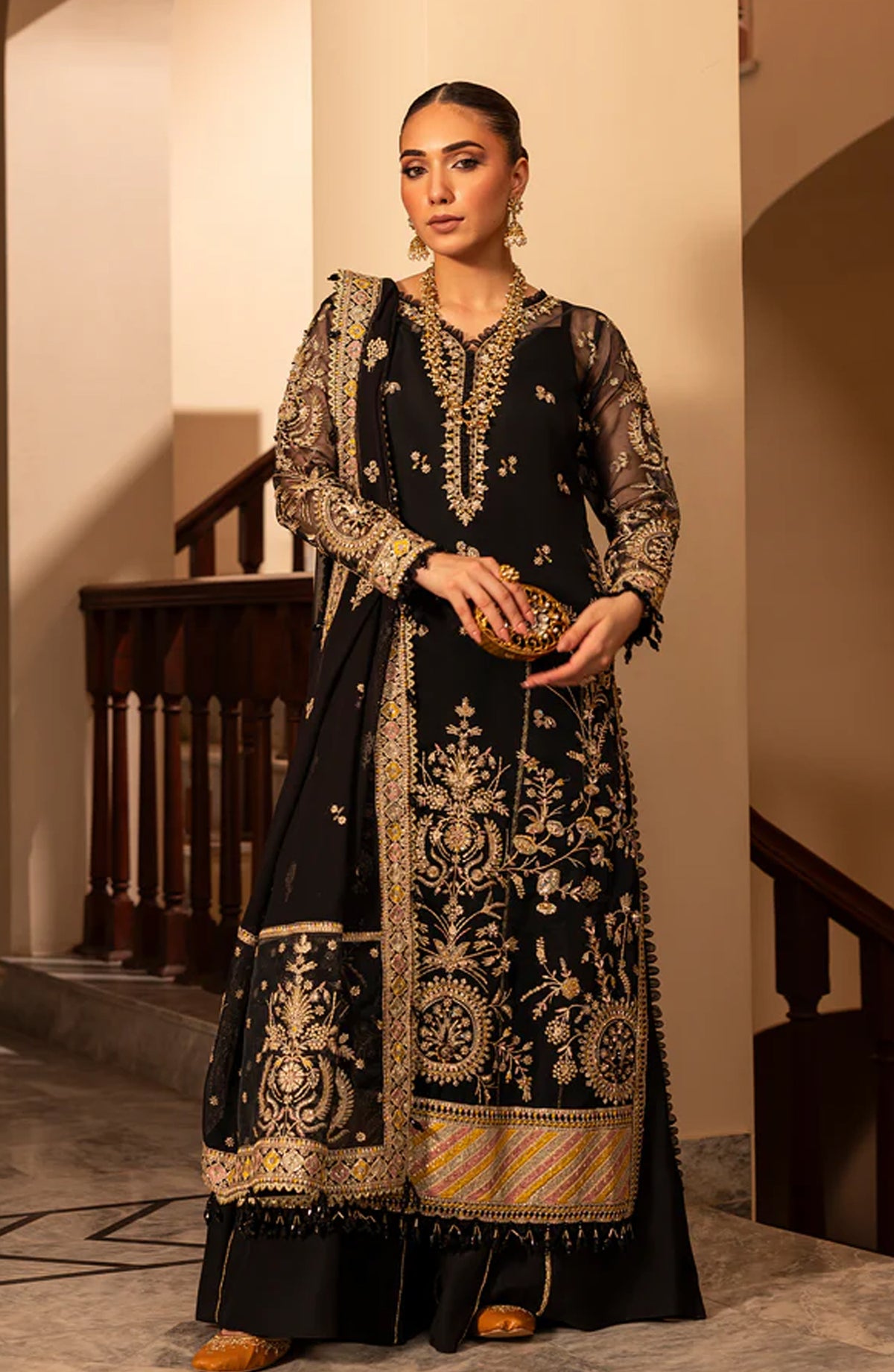 Aylin Luxury Formal Embroidered Organza Unstitched 3 Piece Suit - DUSKY - AYL25WE - Black - Wedding Collection