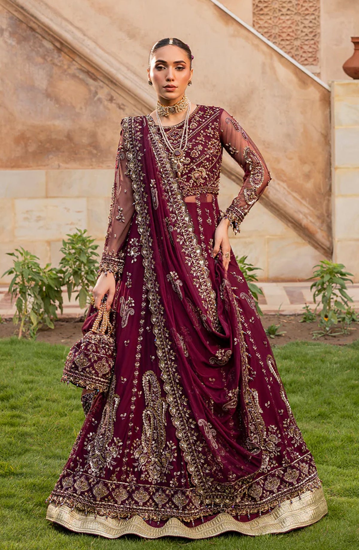 Aylin Luxury Formal Embroidered Net Unstitched 3 Piece Suit - MULBERRY - AYL25WE - Maroon - Wedding Collection