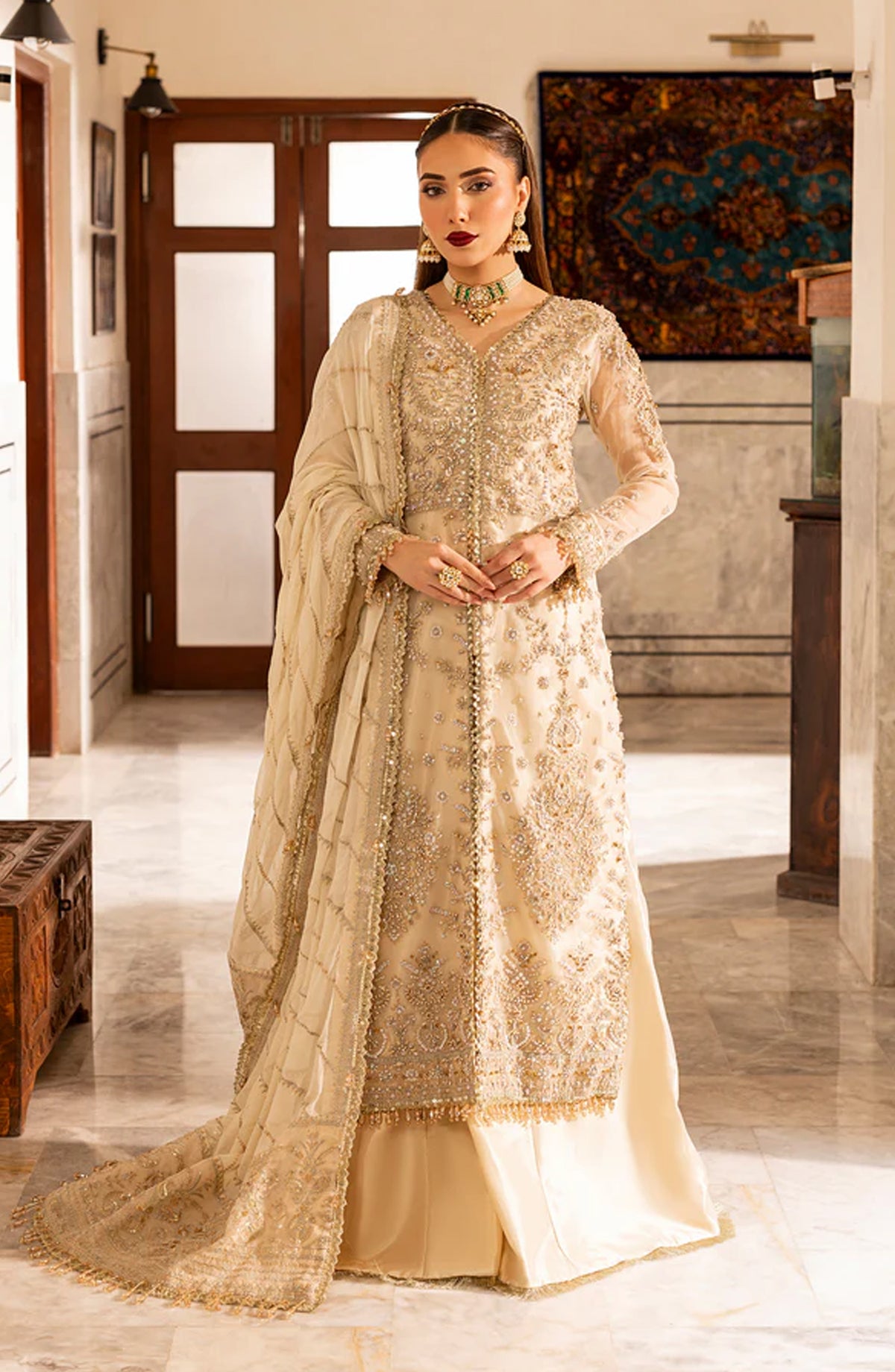 Aylin Luxury Formal Embroidered Organza Unstitched 3 Piece Suit - Daisy - AYL25WE - Fawn - Wedding Collection