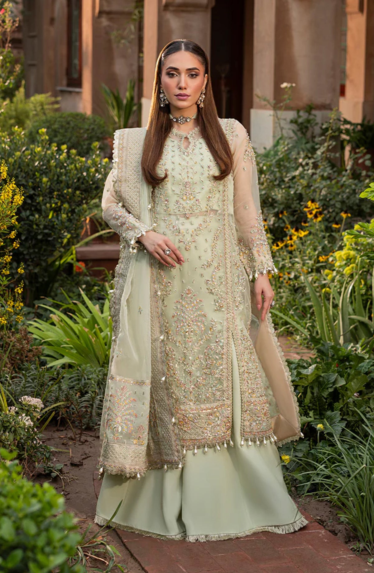 Aylin Luxury Formal Embroidered Organza Unstitched 3 Piece Suit - SAGE - AYL25WE - Green - Wedding Collection