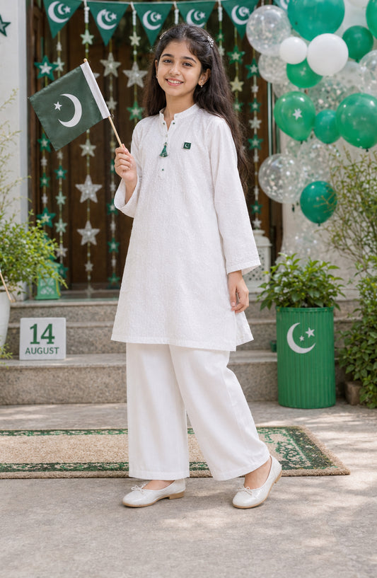 Azadi by Amna Khadija Embroidered Cotton Stitched 2 Piece Co-ord Set - 01 White - AM26AZDI - Girls Collection