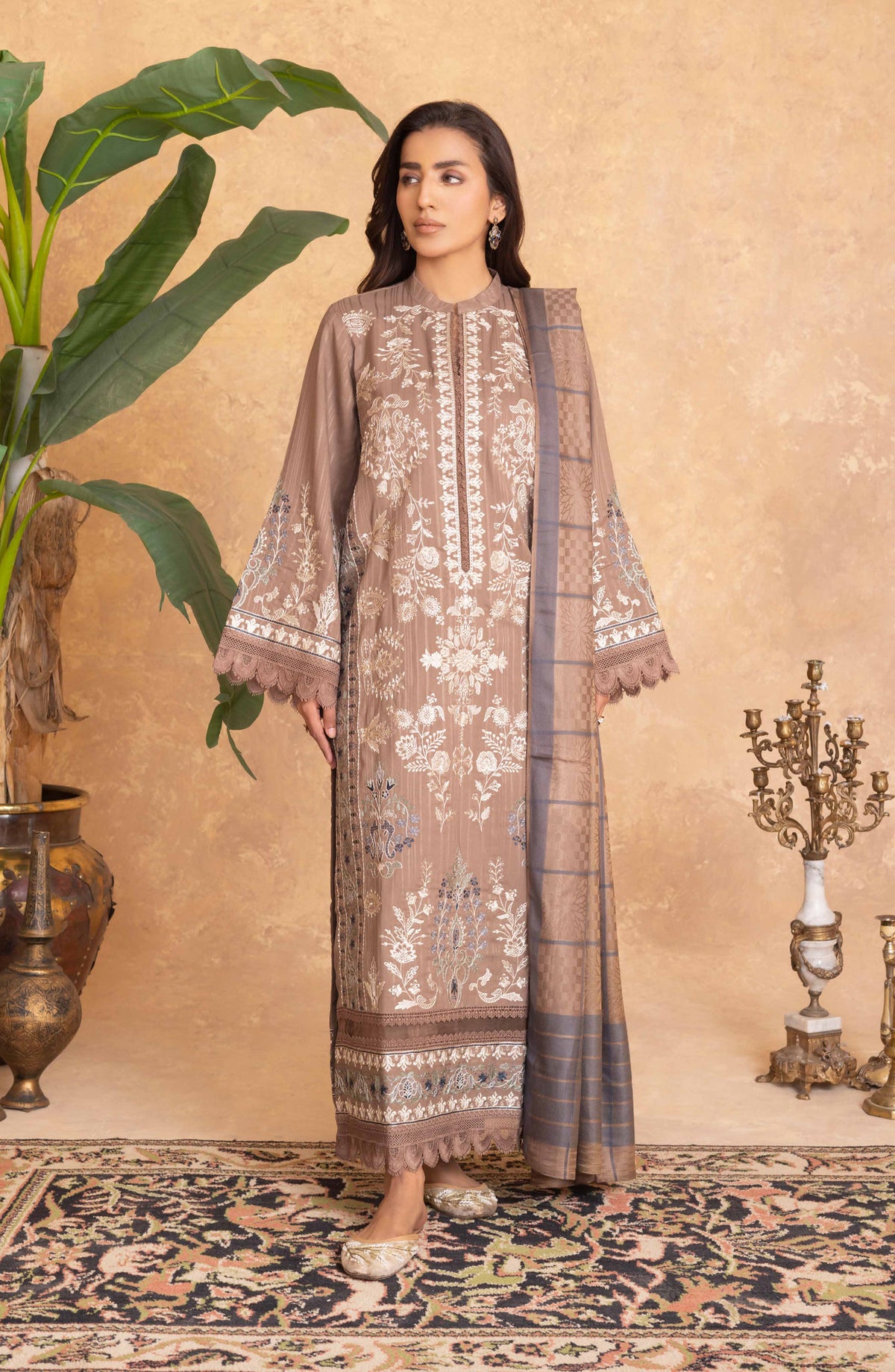 Azami by Johra Embroidered Winter Fabric Unstitched 3 Piece Suit - JW-008 - JH25AZAMI - Beige - Winter Collection