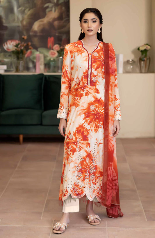 Azir by Johra Embroidered Staple Slub Unstitched 3 Piece Suit - JW-192 - JH25AZIR - Orange - Winter Collection