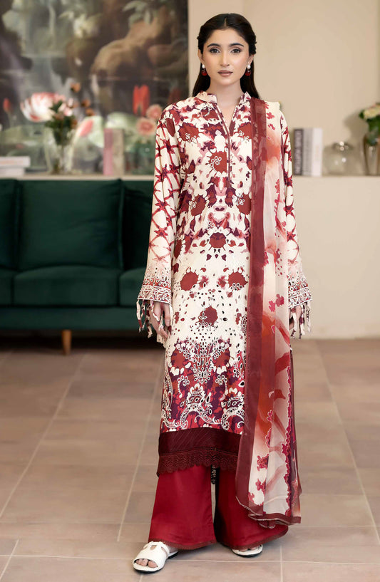 Azir by Johra Embroidered Staple Slub Unstitched 3 Piece Suit - JW-190 - JH25AZIR - Maroon - Winter Collection