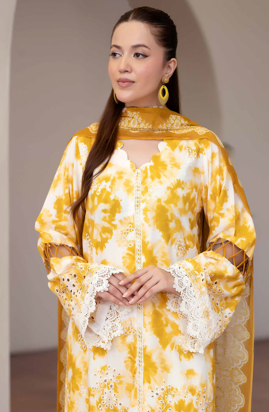Azir by Johra Embroidered Staple Slub Unstitched 3 Piece Suit - JW-189 - JH25AZIR - Yellow - Winter Collection