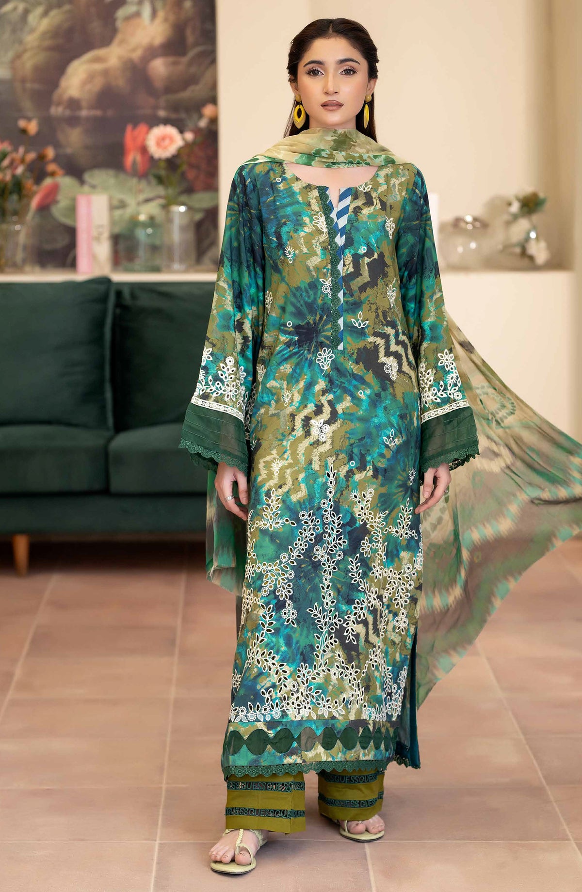 Azir by Johra Embroidered Staple Slub Unstitched 3 Piece Suit - JW-187 - JH25AZIR - Green - Winter Collection