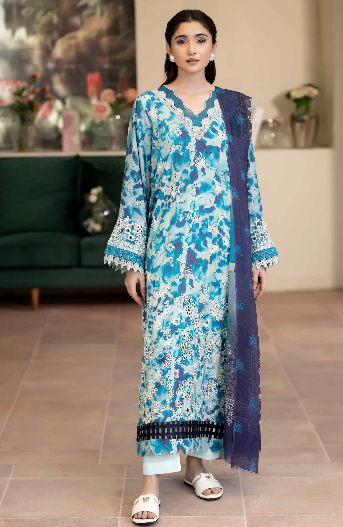 Azir by Johra Embroidered Staple Slub Unstitched 3 Piece Suit - JW-186 - JH25AZIR - Blue - Winter Collection