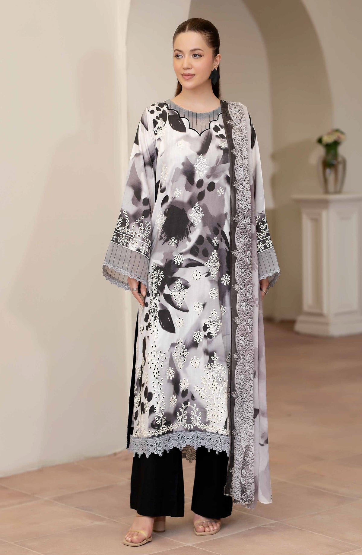 Azir by Johra Embroidered Staple Slub Unstitched 3 Piece Suit - JW-185 - JH25AZIR - White - Winter Collection