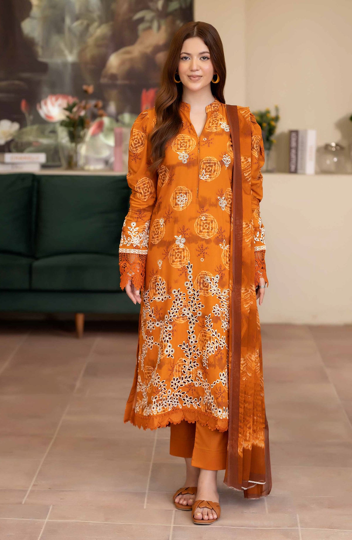 Azir by Johra Embroidered Staple Slub Unstitched 3 Piece Suit - JW-184 - JH25AZIR - Orange - Winter Collection