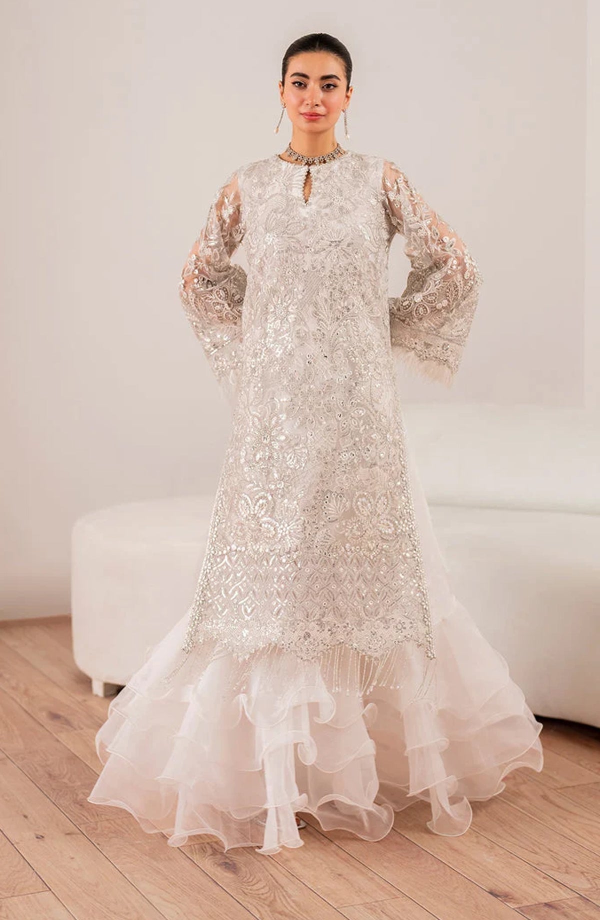 Baroque Chantelle Embroidered Net Unstitched 3 Piece Suit - UF-703 - BQ25CHN - Silver - Formal Collection