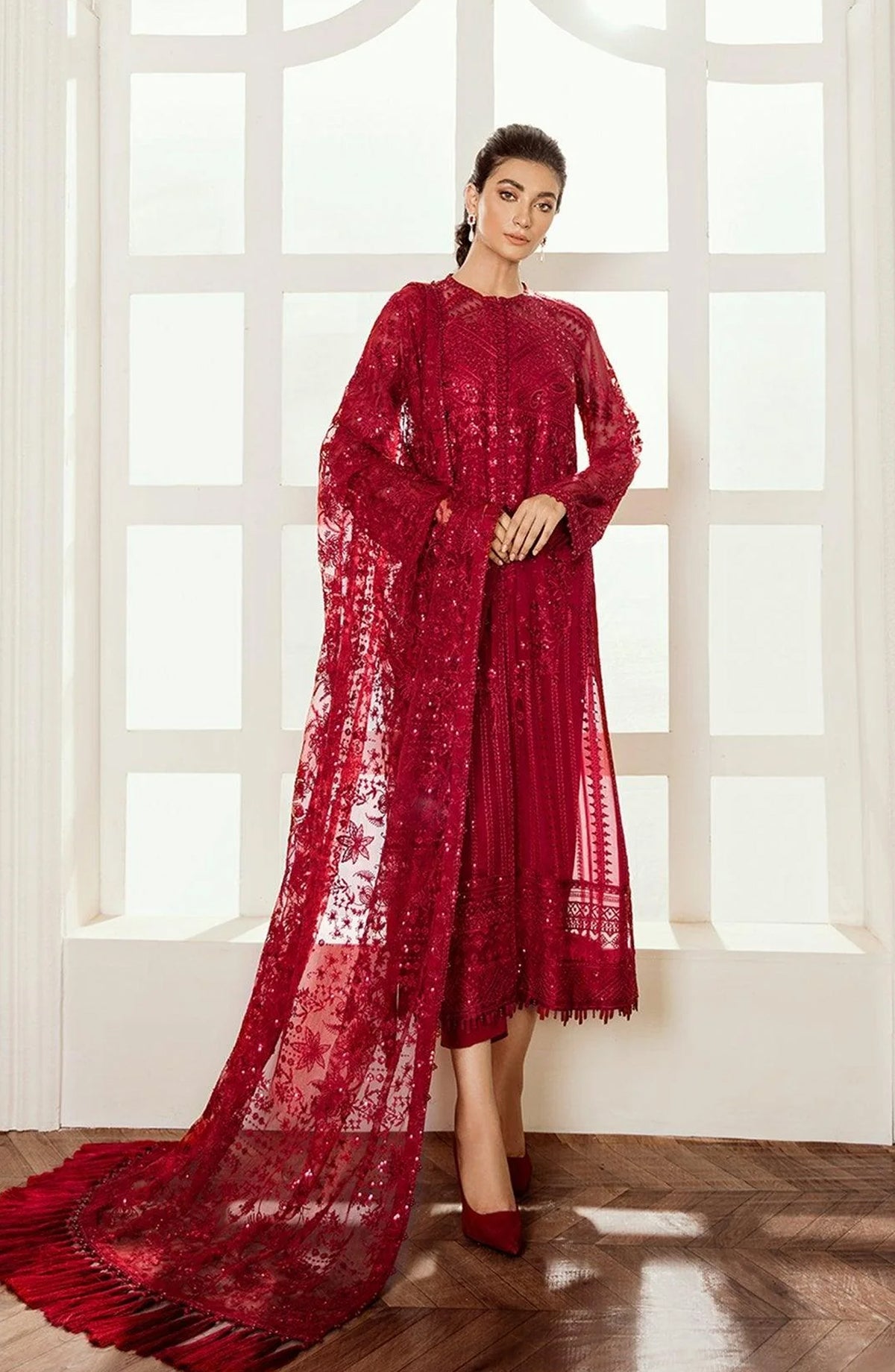 Baroque Chantelle Embroidered Chiffon Unstitched 3 Piece Suit - Red-Velvet - BQ25CHN - Red - Formal Collection