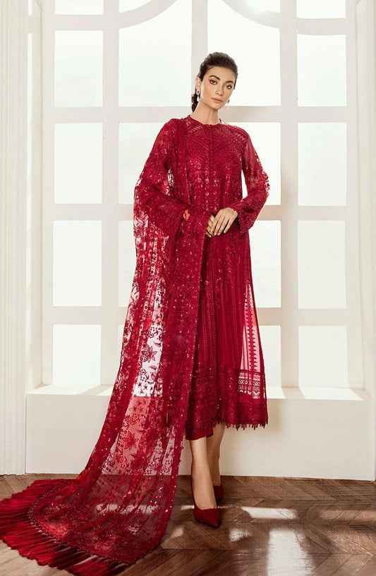 Baroque Chantelle Embroidered Chiffon Unstitched 3 Piece Suit - Red-Velvet - BQ25CHN - Red - Formal Collection