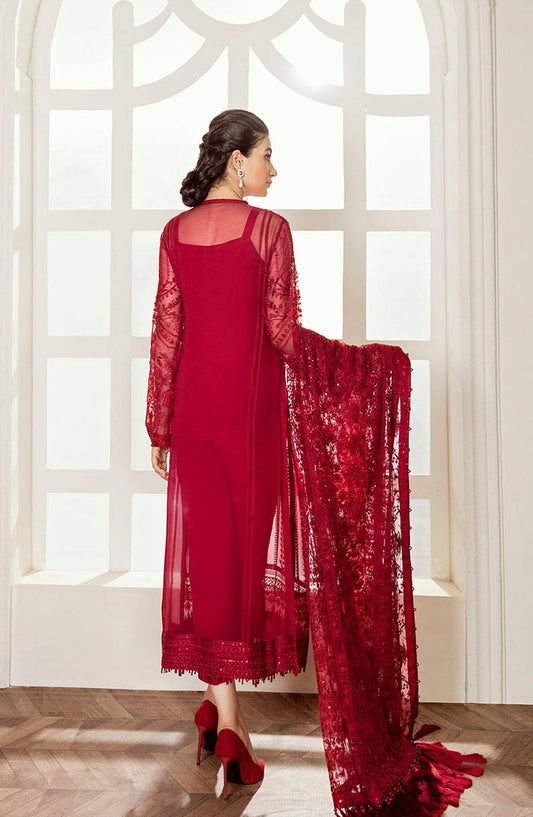 Baroque Chantelle Embroidered Chiffon Unstitched 3 Piece Suit - Red-Velvet - BQ25CHN - Red - Formal Collection