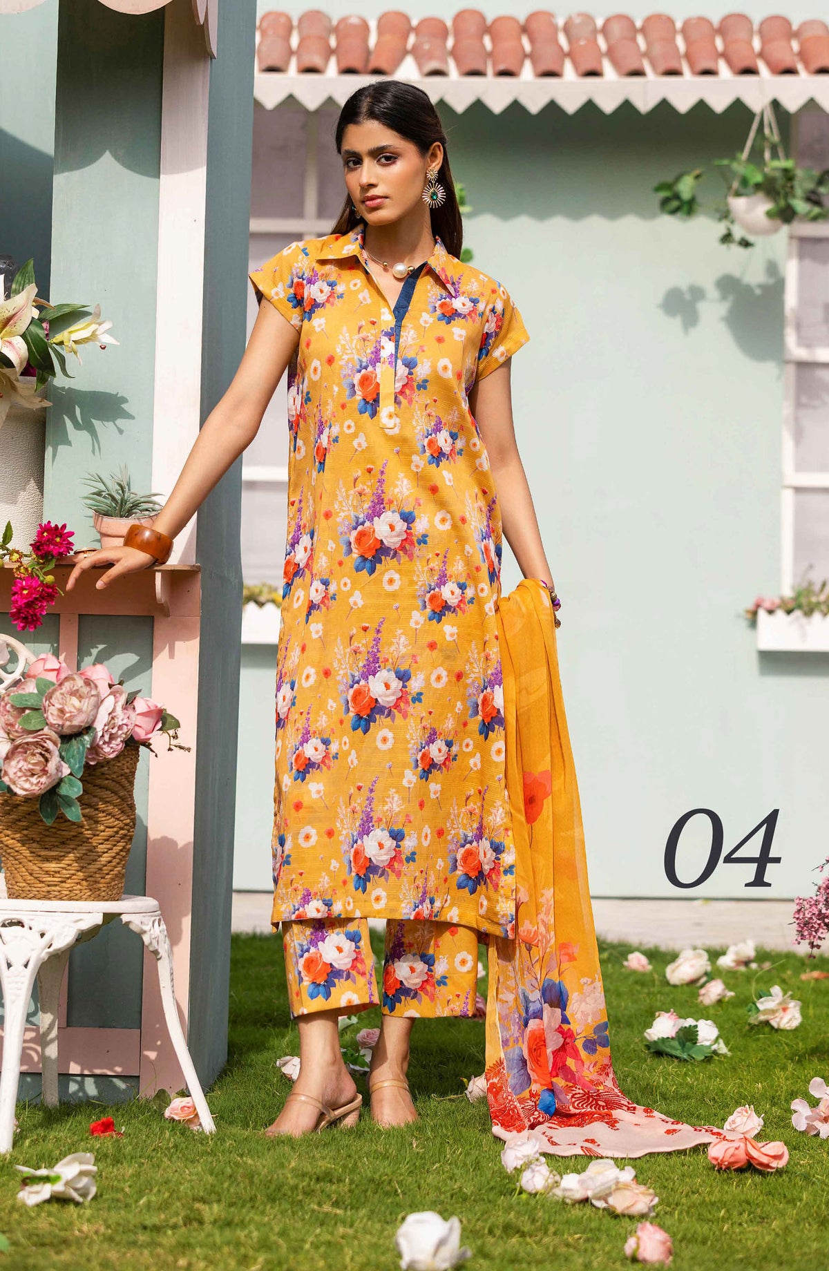 Basics by Mahay Digital Printed Lawn Unstitched 3 Piece Suit - Design-04 - AK25MHB - Yellow - Summer Collection