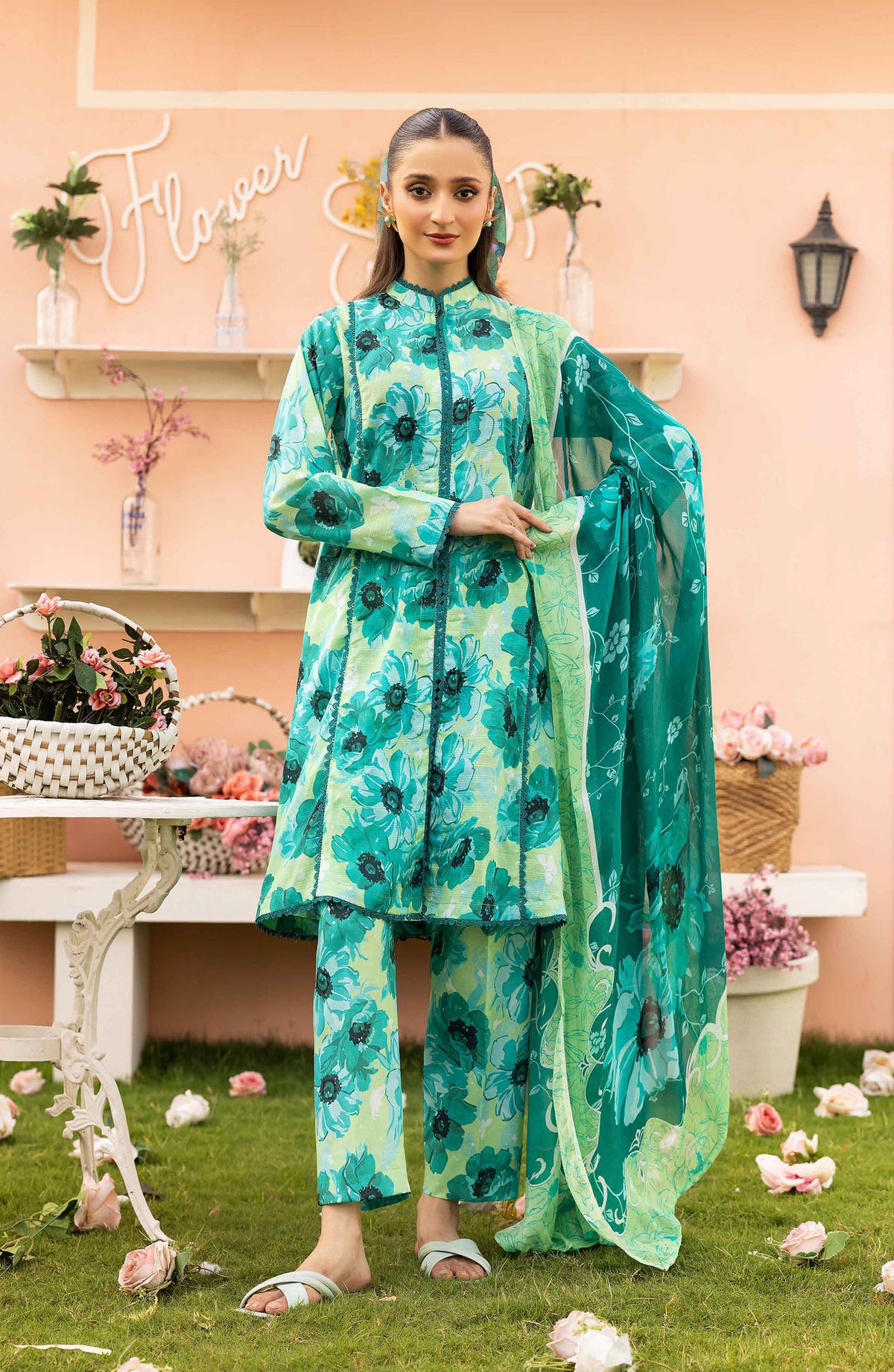 Basics by Mahay Digital Printed Lawn Unstitched 3 Piece Suit - Design-02 - AK25MHB - Green - Summer Collection