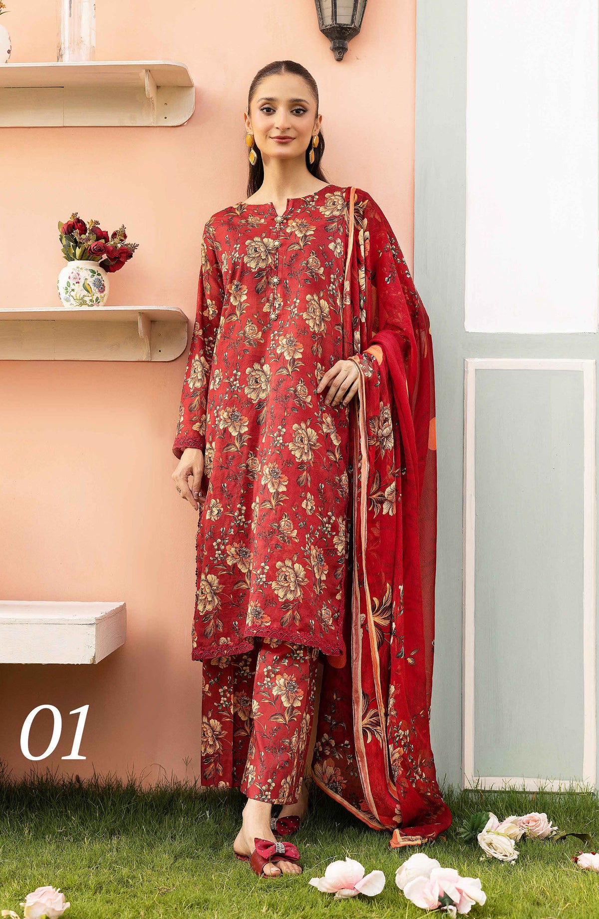 Basics by Mahay Digital Printed Lawn Unstitched 3 Piece Suit - Design-01 - AK25MHB - Red - Summer Collection