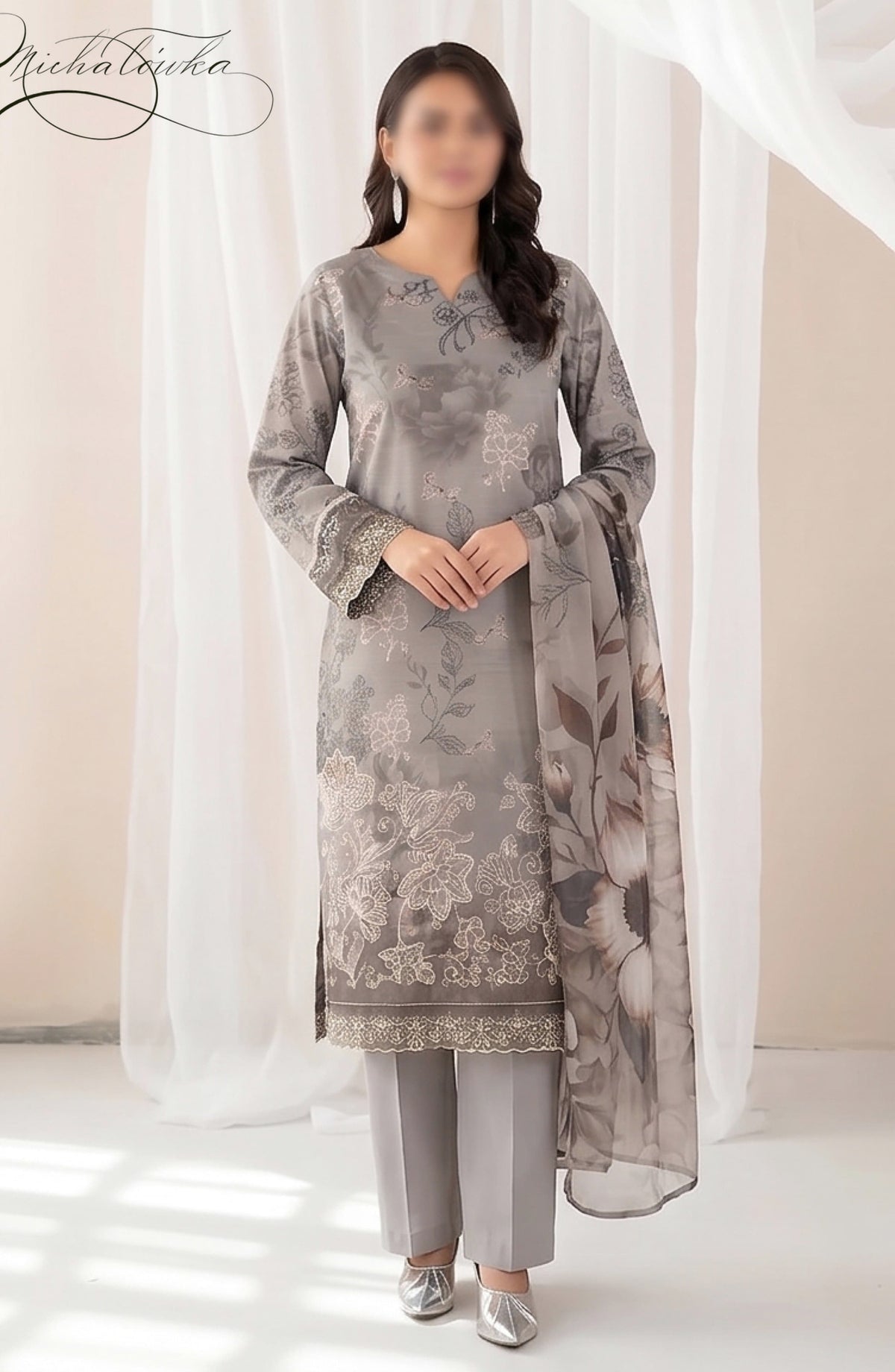 Batik by Al Karim Embroidered Lawn Unstitched 3 Piece Suit - D-06 - AK26BTK - Grey - Summer Collection