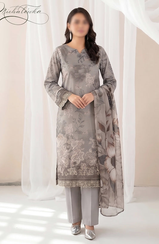 Batik by Al Karim Embroidered Lawn Unstitched 3 Piece Suit - D-06 - AK26BTK - Grey - Summer Collection