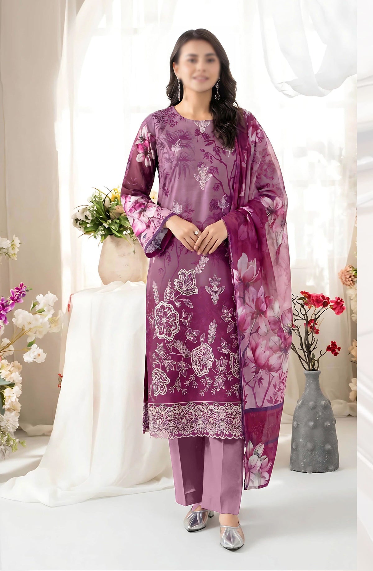 Batik by Al Karim Embroidered Lawn Unstitched 3 Piece Suit - D-05 - AK26BTK - Pink - Summer Collection