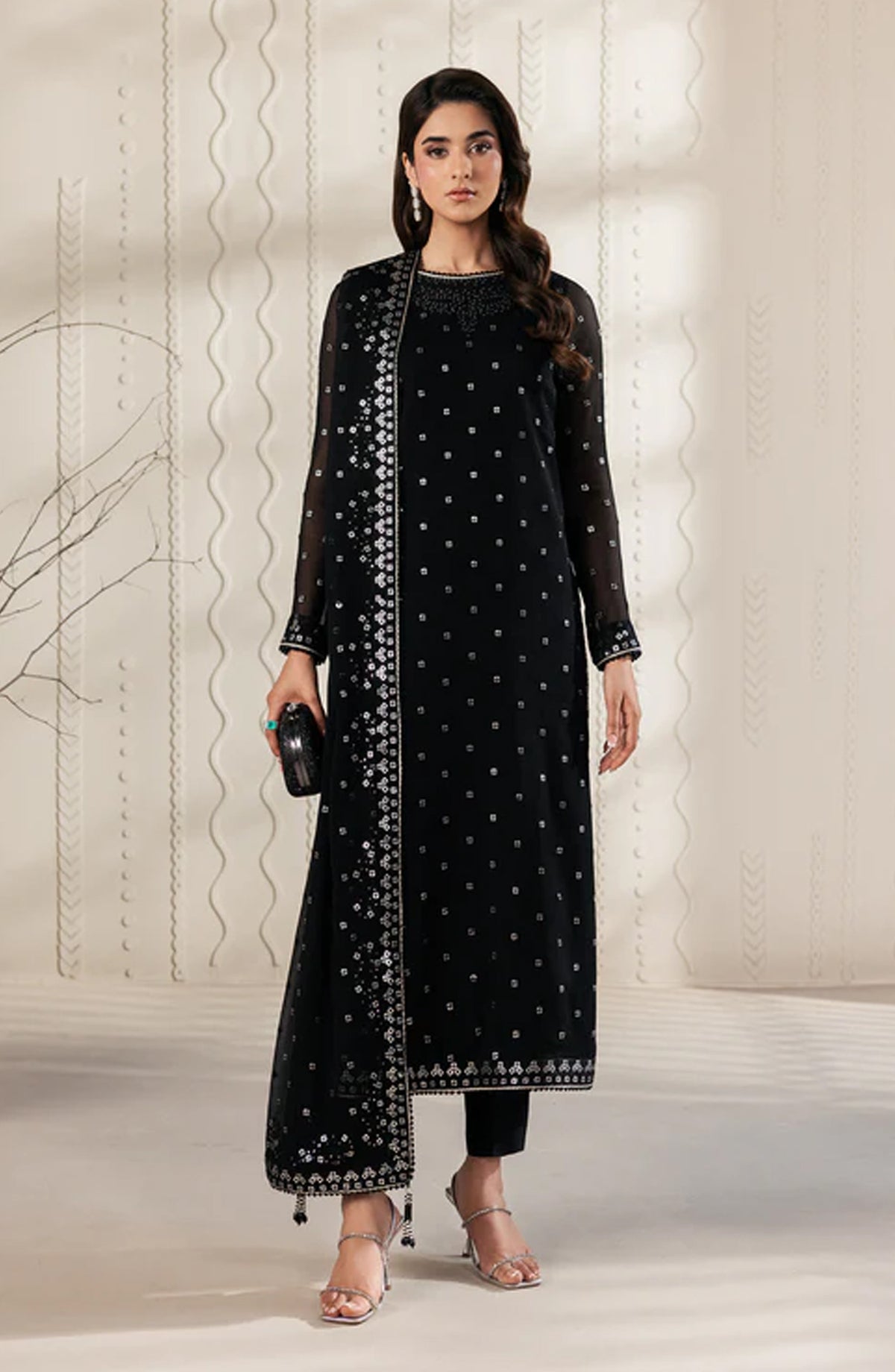 Bayaan by Zarif Embroidered Chiffon Unstitched 3 Piece Suit - 07 Siyara - ZRF26BYN - Black - Festive Collection