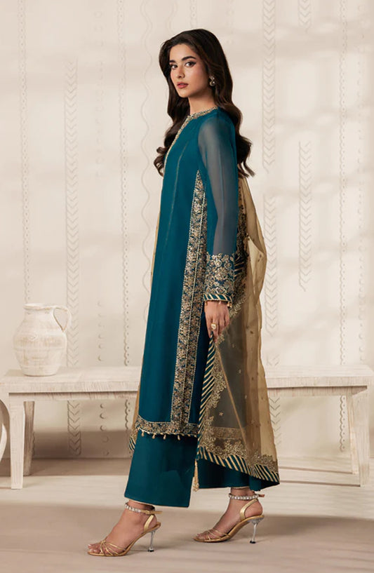 Bayaan by Zarif Embroidered Chiffon Unstitched 3 Piece Suit - 06 Jheel - ZRF26BYN - Ferozi - Festive Collection