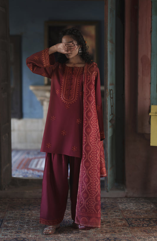 Before Sunset by Casual Lite Embroidered Cotton Lawn Stitched 3 Piece Suit - Crimson Serenity - CL26BSNT - Maroon - Summer Collection