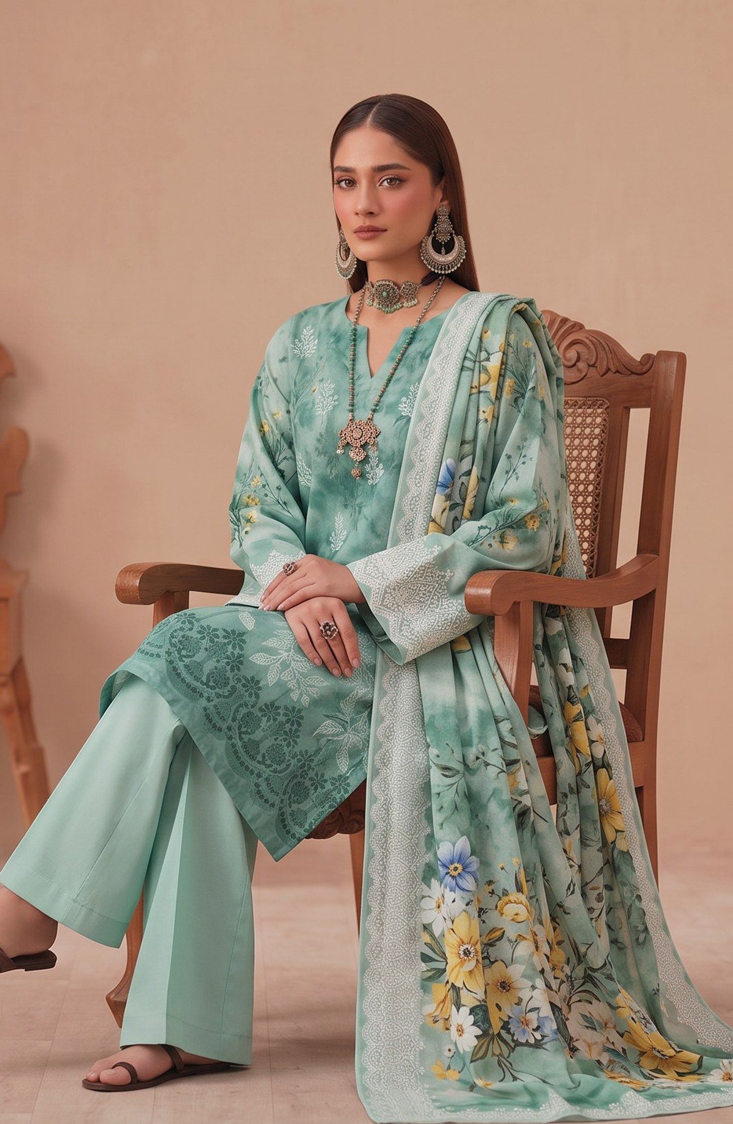 Bella by Amna Khadija Embroidered Viscose Unstitched 3 Piece Suit - D-03 - AM26BEL - Sea Green - Winter Collection
