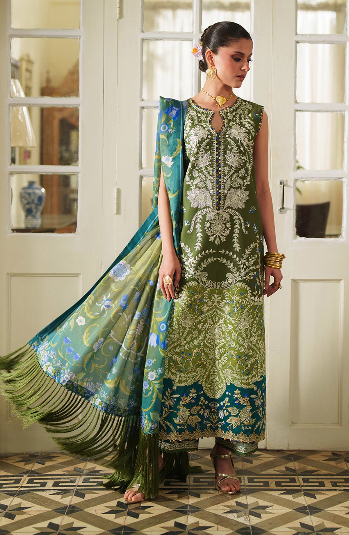 Bin Ilyas Heritage Dore Embroidered Lawn Unstitched 3 Piece Suit - 177-A - BL26HRT - Green - Summer Collection