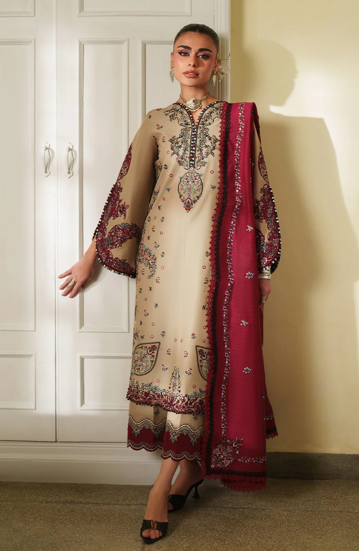 Bin Ilyas Heritage Dore Embroidered Lawn Unstitched 3 Piece Suit - 175-A - BL26HRT - Beige - Summer Collection