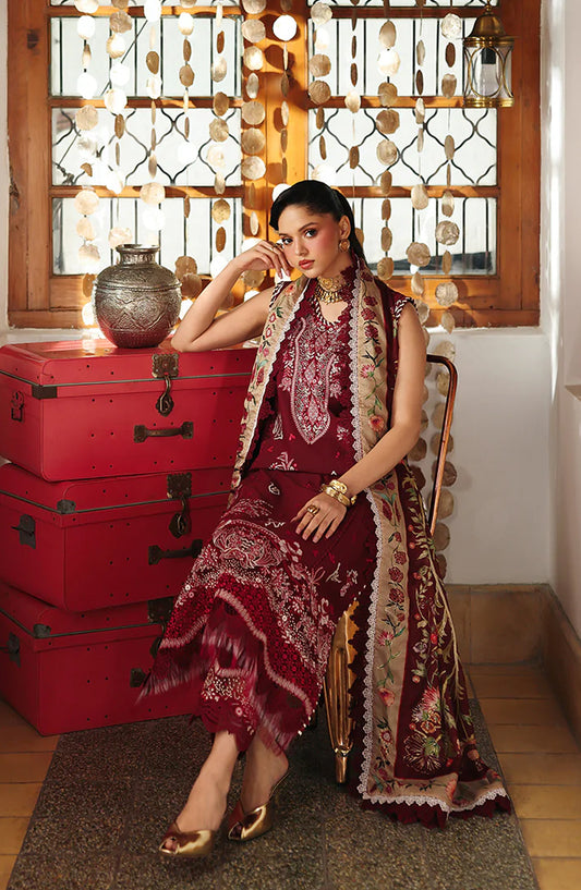 Bin Ilyas Lumina Embroidered Lawn Unstitched 3 Piece Suit - L76-A - BL26LMN - Maroon - Summer Collection