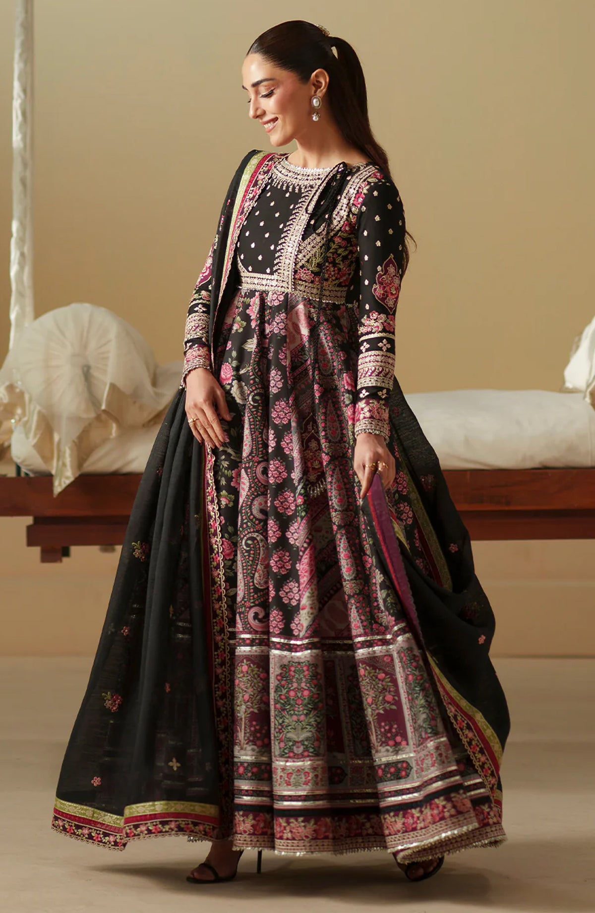 Bin Ilyas Mashriq Luxury Embroidered Lawn Unstitched 3 Piece Suit - D-115-B - BL26MQR - Black - Summer Collection