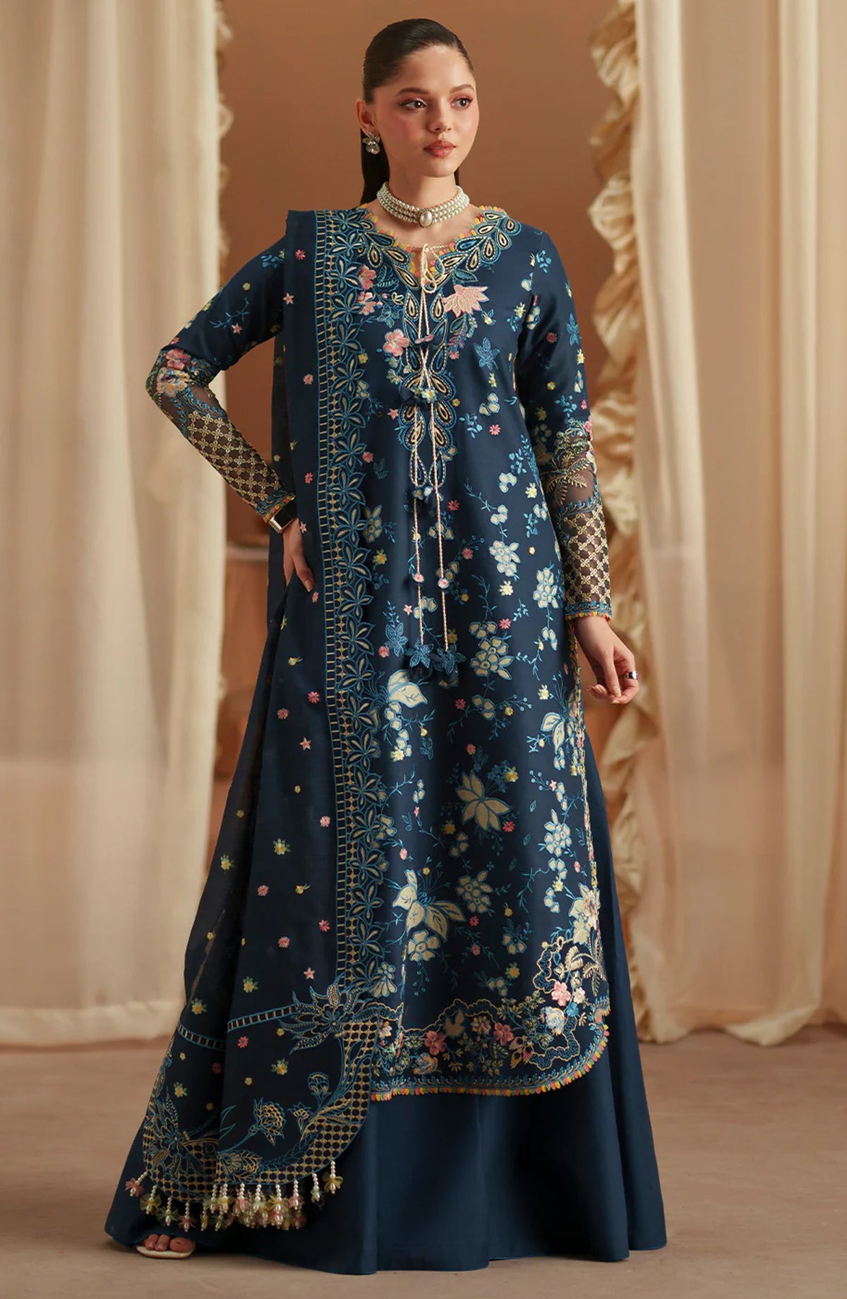 Bin Ilyas Mashriq Luxury Embroidered Lawn Unstitched 3 Piece Suit - D-117-C - BL26MQR - Blue - Summer Collection