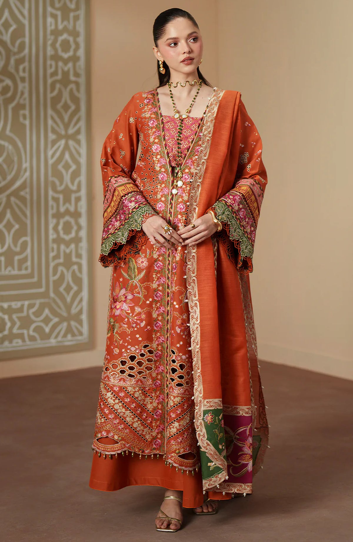 Bin Ilyas Mashriq Luxury Embroidered Lawn Unstitched 3 Piece Suit - D-116-A - BL26MQR - Orange - Summer Collection