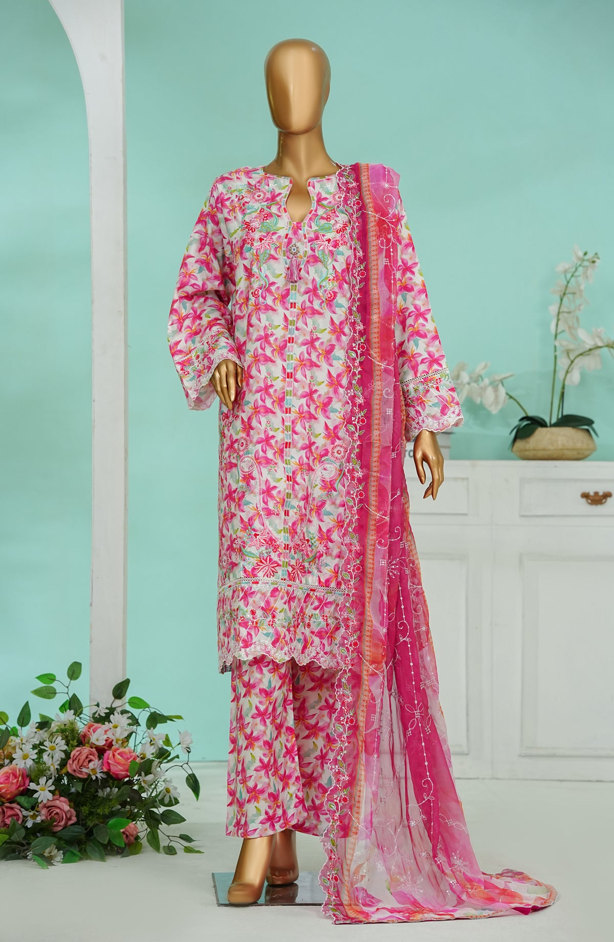 Bin Saeed Chikankari & Appliquekari Stitched 3 Piece Suit - D-02 - BS26QKI - Pink - Festive Collection