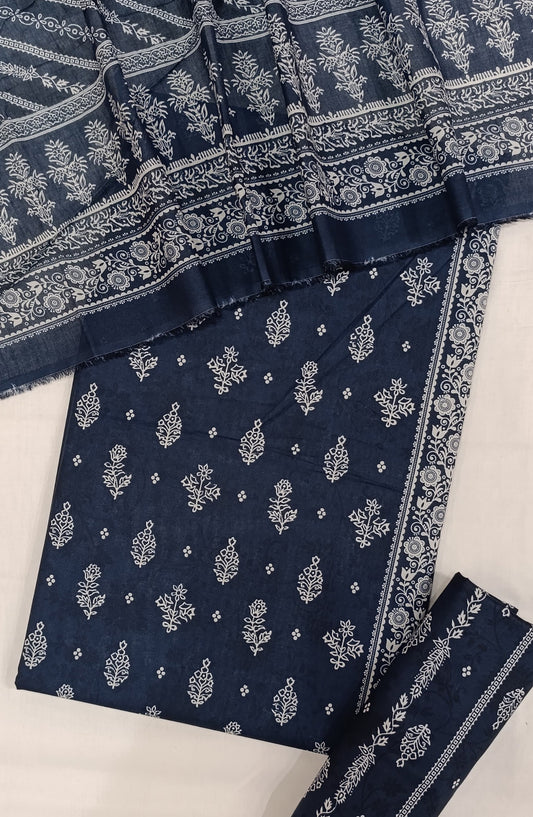 Bin Saeed Digital Printed Cotton Cambric Unstitched 3 Piece Suit - Design-37 - BS25DCC - Dark Blue - Summer Collection