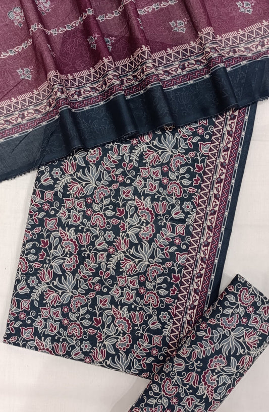 Bin Saeed Digital Printed Cotton Cambric Unstitched 3 Piece Suit - Design-34 - BS25DCC - Blue & Red - Summer Collection