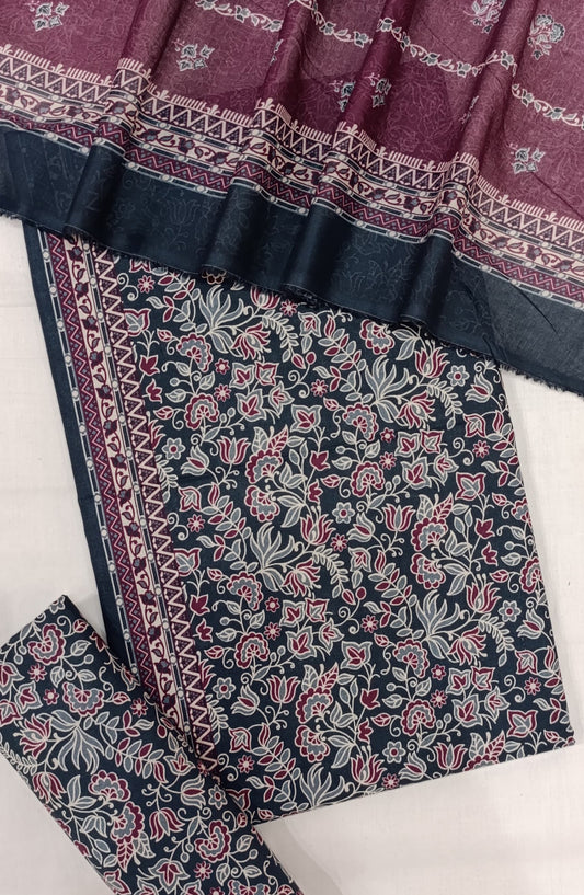Bin Saeed Digital Printed Cotton Cambric Unstitched 3 Piece Suit - Design-34 - BS25DCC - Blue & Red - Summer Collection