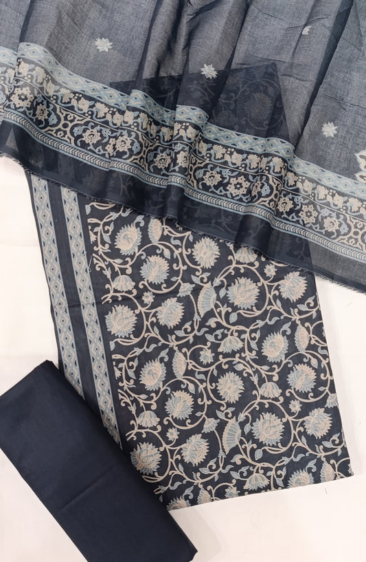 Bin Saeed Digital Printed Cotton Cambric Unstitched 3 Piece Suit - Design-33 - BS25DCC - Dark Blue - Summer Collection