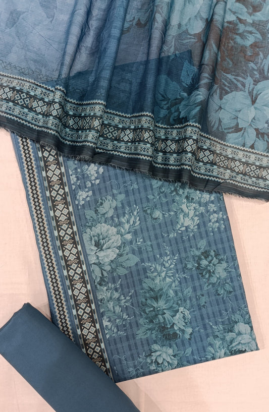 Bin Saeed Digital Printed Cotton Cambric Unstitched 3 Piece Suit - Design-12 - BS25DCC - Blue - Summer Collection