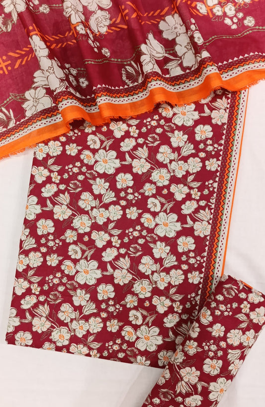 Bin Saeed Digital Printed Cotton Cambric Unstitched 3 Piece Suit - Design-06 - BS25DCC - Red - Summer Collection