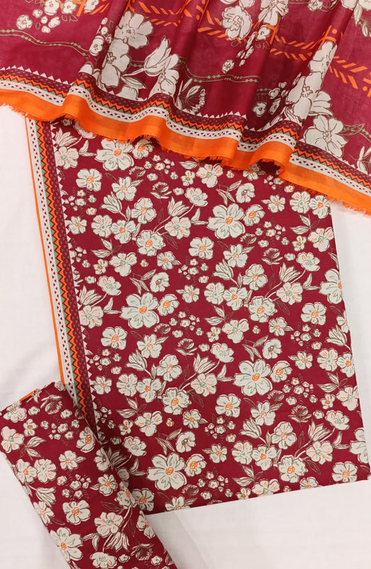 Bin Saeed Digital Printed Cotton Cambric Unstitched 3 Piece Suit - Design-06 - BS25DCC - Red - Summer Collection