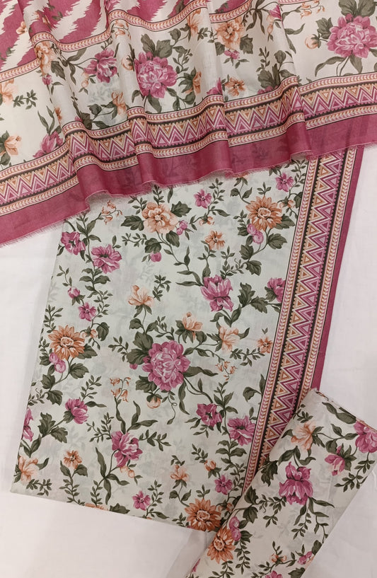 Bin Saeed Digital Printed Cotton Cambric Unstitched 3 Piece Suit - Design-04 - BS25DCC - White & Pink - Summer Collection
