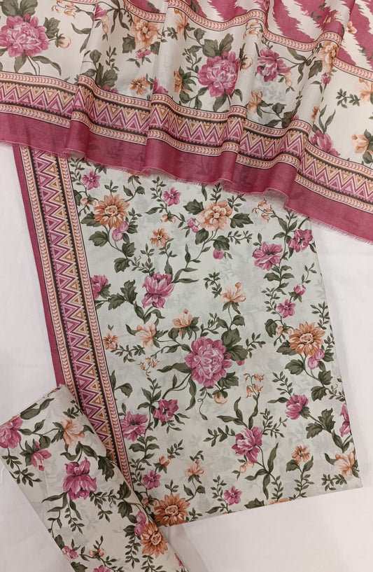 Bin Saeed Digital Printed Cotton Cambric Unstitched 3 Piece Suit - Design-04 - BS25DCC - White & Pink - Summer Collection
