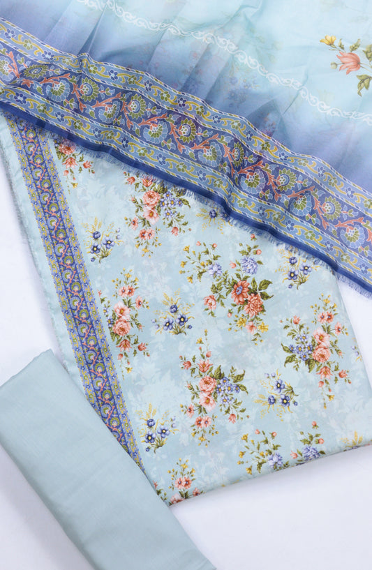 Bin Saeed Digital Printed Cotton Cambric Unstitched 3 Piece Suit - Design-49 - BS25DCC - Light Blue - Summer Collection
