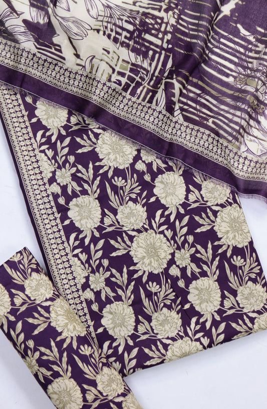 Bin Saeed Digital Printed Cotton Cambric Unstitched 3 Piece Suit - Design-52 - BS25DCC - Purple - Summer Collection
