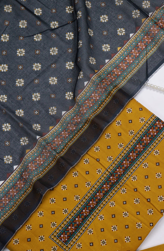 Bin Saeed Digital Printed Cotton Unstitched 3 Piece Suit - Design-B-08 - BS25DPR - Mustard - Winter Collection