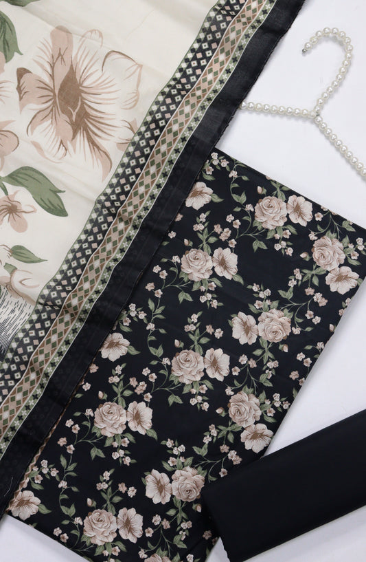 Bin Saeed Digital Printed Cotton Unstitched 3 Piece Suit - Design-B-03 - BS25DPR - Black - Winter Collection