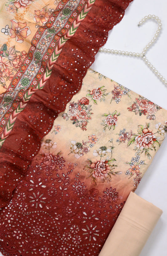 Bin Saeed Embroidered Cotton Unstitched 3 Piece Suit - Design-01 - BS25MDS - Red & Peach - Mid Summer Collection