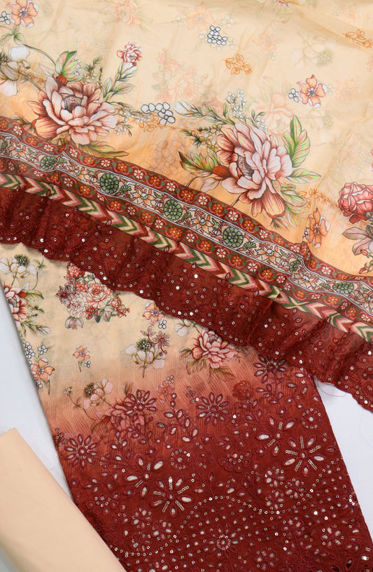 Bin Saeed Embroidered Cotton Unstitched 3 Piece Suit - Design-01 - BS25MDS - Red & Peach - Mid Summer Collection